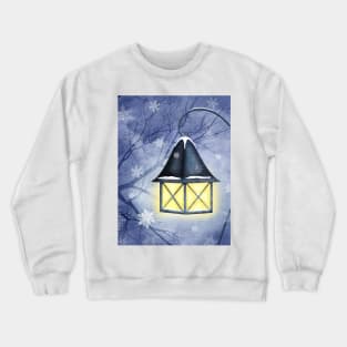 Magic vintage streetlight watercolor illustration. Snow night. Snowflakes, tree branches. Winter park scenery Crewneck Sweatshirt